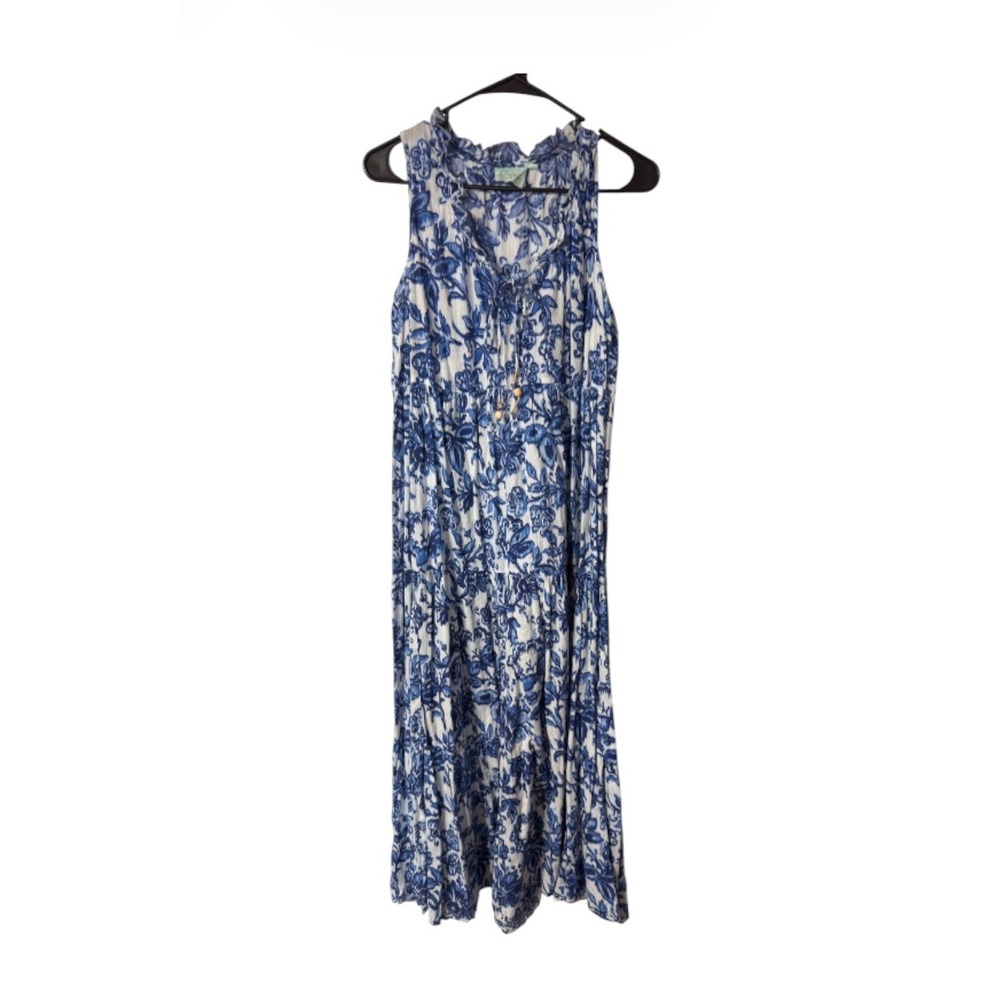 True Destinations Blue White Floral Ikat Cotton Tiered Maxi Dress Womens Medium